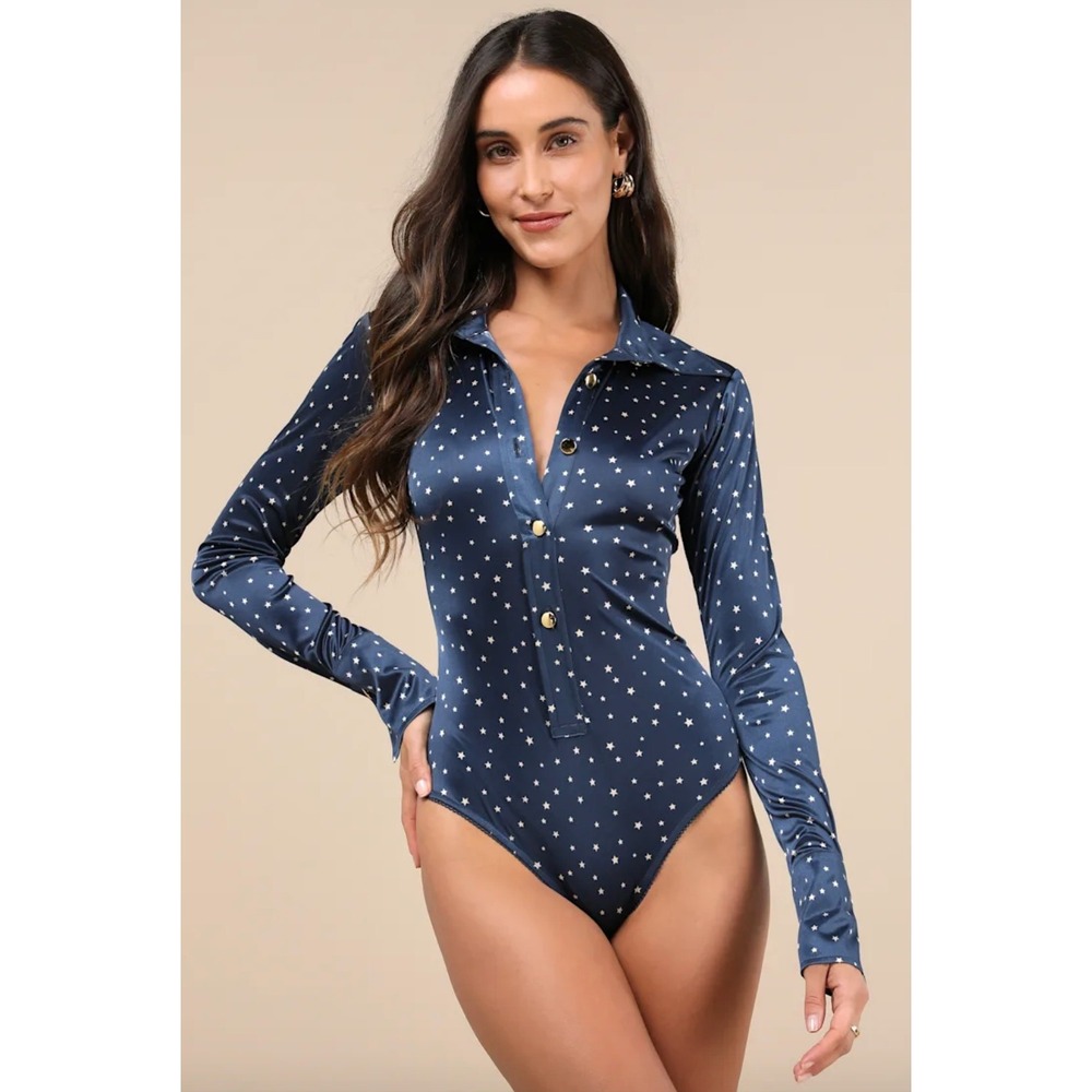 Stoned Immaculate Chelsea Navy Blue Star Print Collared Long Sleeve Bodysuit